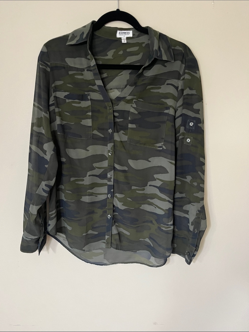 Express Camo Button-Up Blouse in Olive and Gray